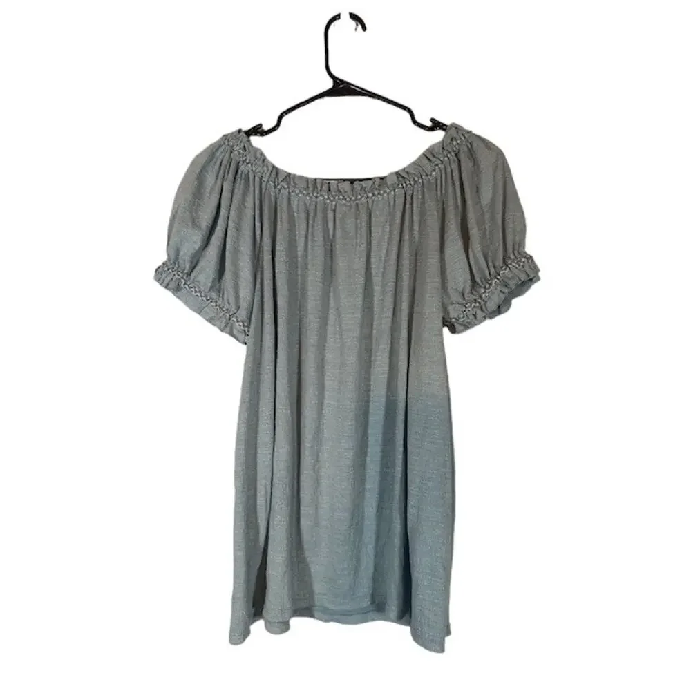 Max Studio Light Blue Short Sleeve Scrunched Wide Neck Blouse Women Sz L - Picture 2 of 9